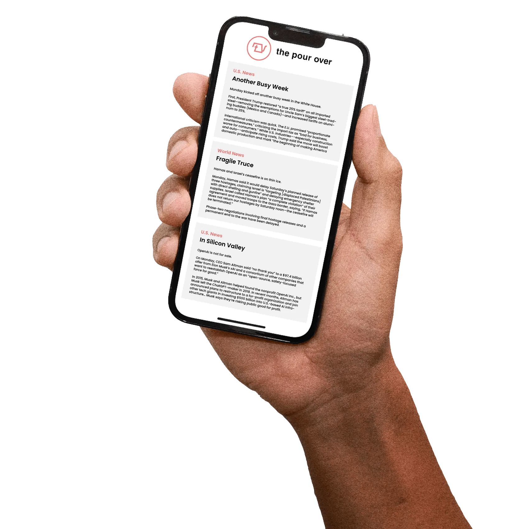 Hand holding a smartphone with The Pour Over newsletter on the screen.